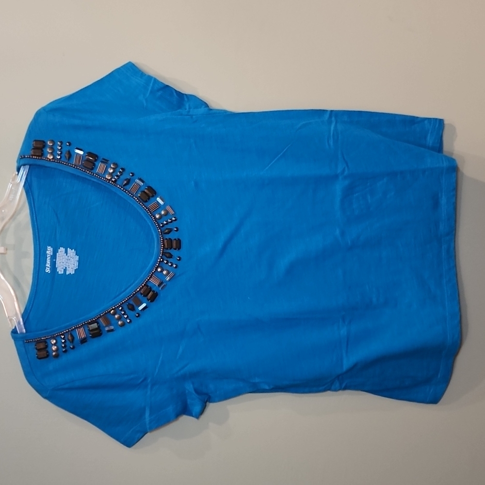 NWOT St John's Bay Beaded neckline Blue Top